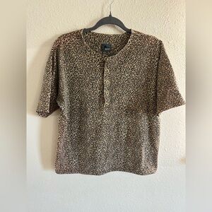 Vintage Lizwear Leopard Print Henley Short Sleeve Shirt Women’s